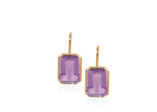18K French wire earrings adorned with emerald-cut lavender amethyst