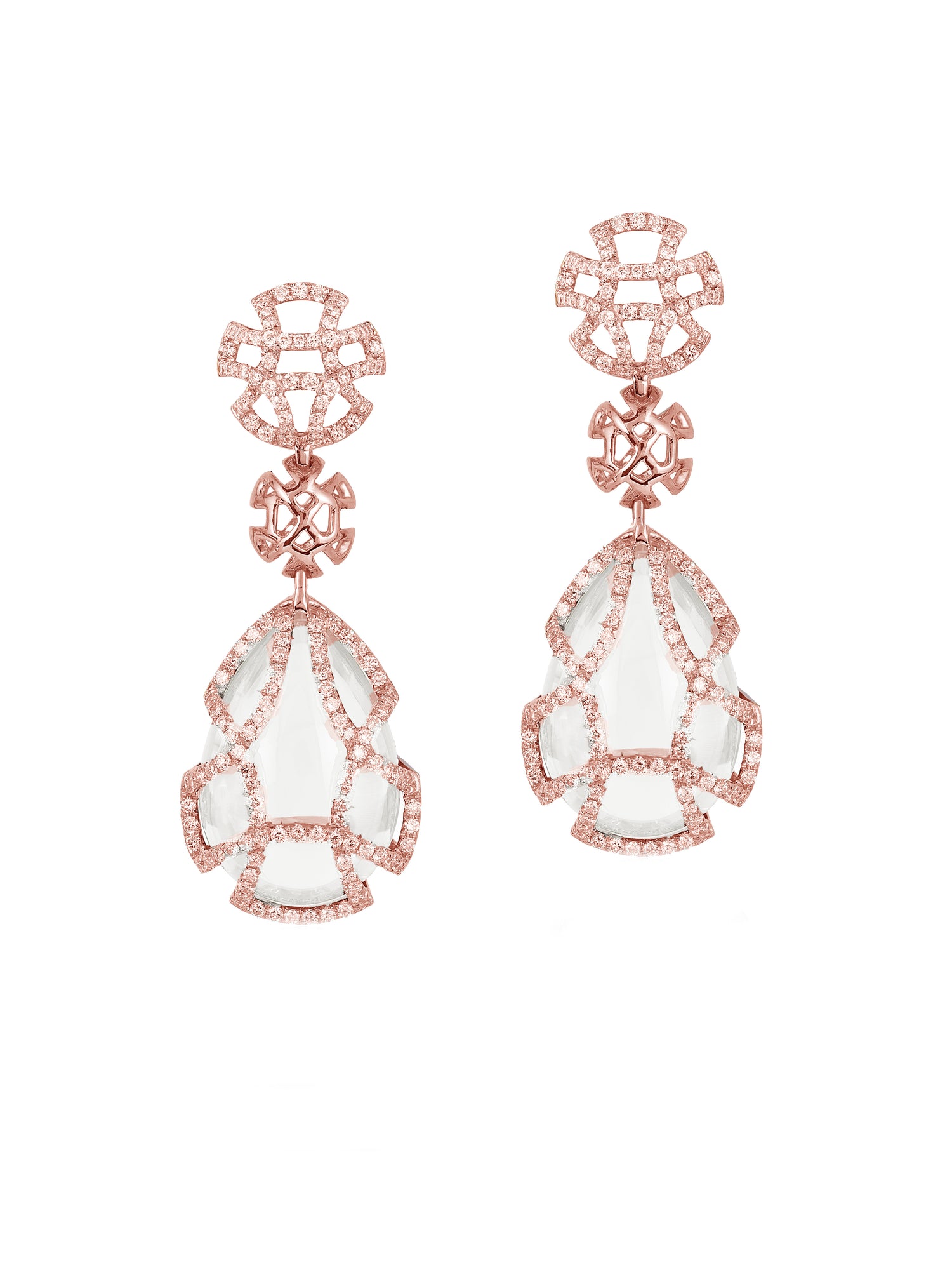 18K rose gold drop earrings with a pear-shaped rock crystal set in bands and embellished with diamonds