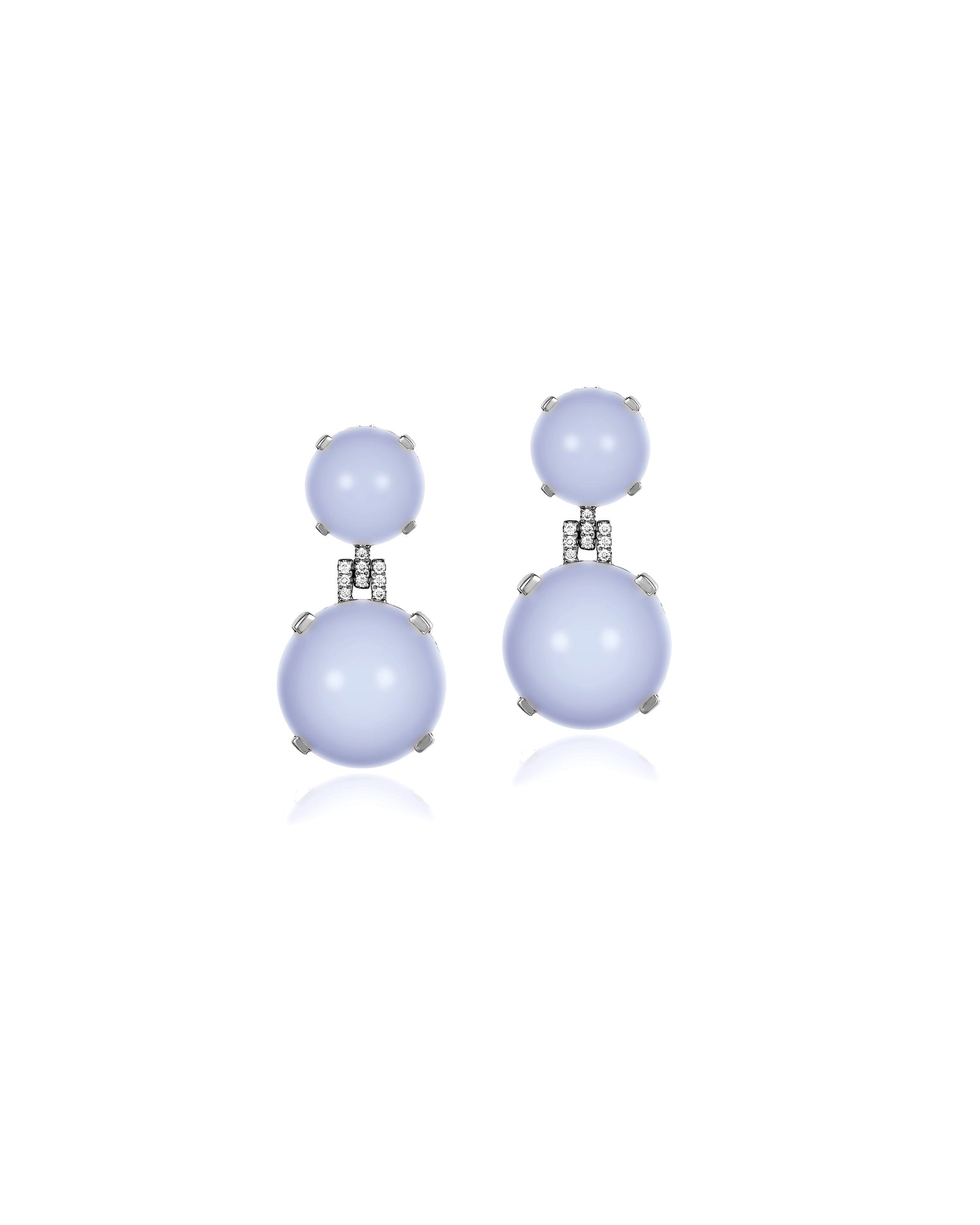 Blue chalcedony cabochon earrings with a lavender hue and diamond embellishments on 18K white gold