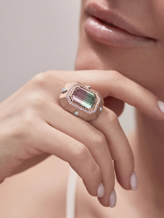 J Fine Emerald Cut Bicolor Tourmaline Ring