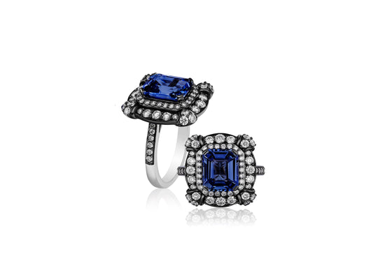 Blue square tanzanite ring paired with diamonds set on 18K white gold with black rhodium