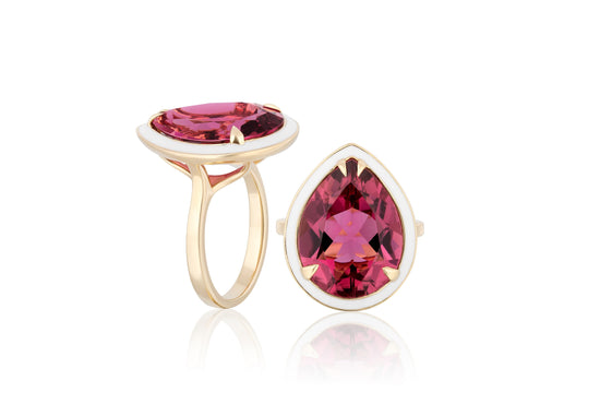 Pear-shaped rubellite ring with a white enamel frame on 18K yellow gold