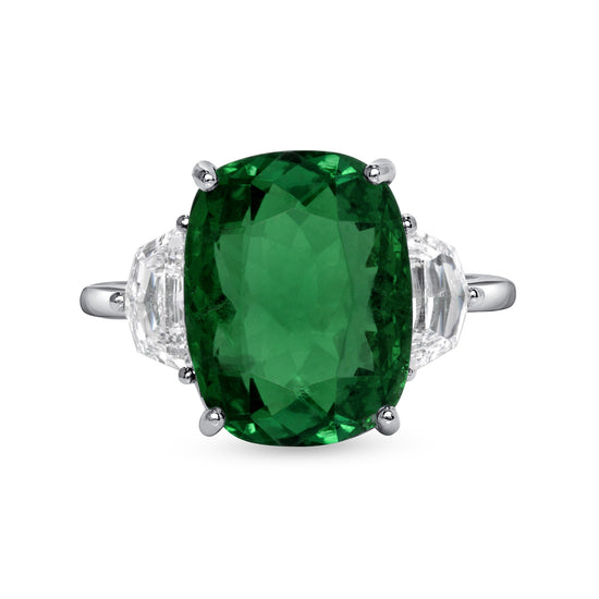 Cushion Cut Green Emerald and Diamond Ring