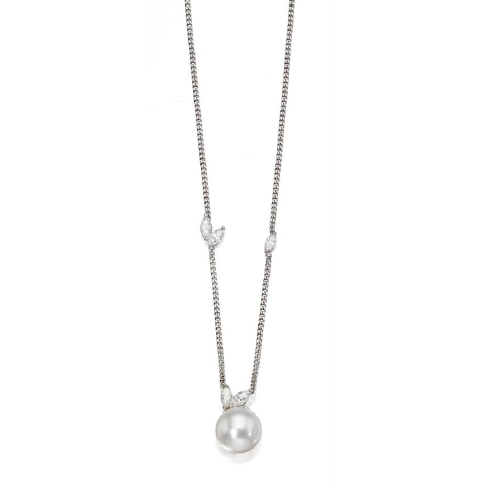 18-inch platinum necklace featuring five marquise-cut diamonds and a single 10.5mm south sea cultured pearl