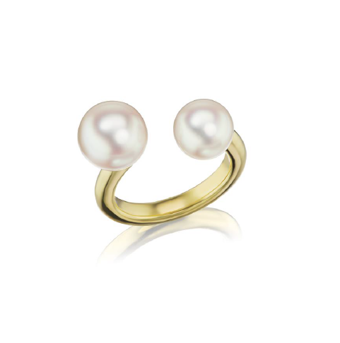 18K yellow gold open ring featuring two Akoya pearls
