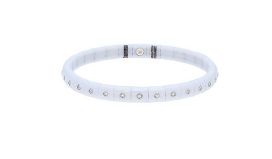 Stretch bracelet featuring white ceramic adorned with 30 round-cut white diamonds