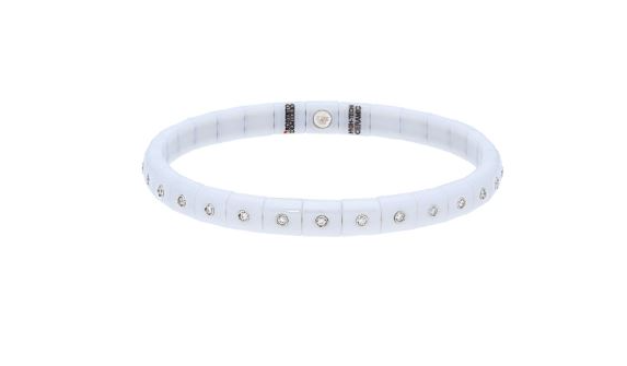 Stretch bracelet featuring white ceramic adorned with 30 round-cut white diamonds 