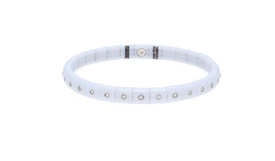 Stretch bracelet featuring white ceramic adorned with 30 round-cut white diamonds 