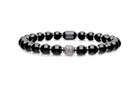 Stretch bracelet with high-shine black ceramic beads with alternating 18K white gold rondells featuring a single diamond bead