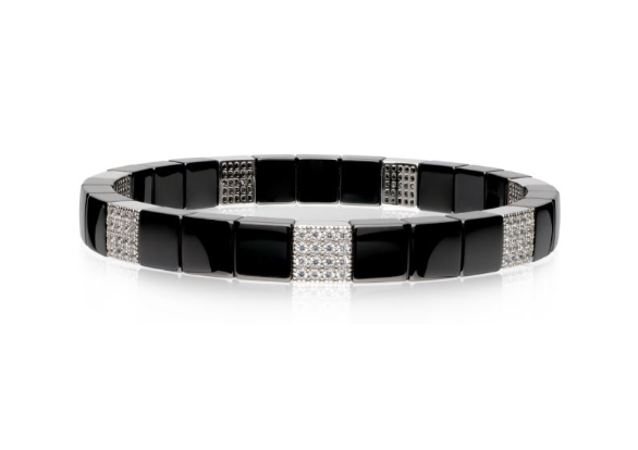 High-shine black ceramic bracelet featuring seven stations of pavé set diamonds on 18K white gold