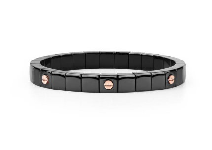 Black cube-shaped ceramic beads on a stretch bracelet adorned with 18K rose gold screws