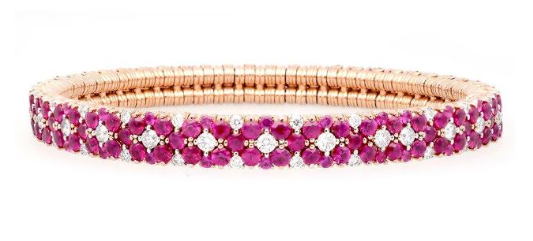 18K rose gold stretch bracelet featuring alternating rubies and diamonds that create a floral motif