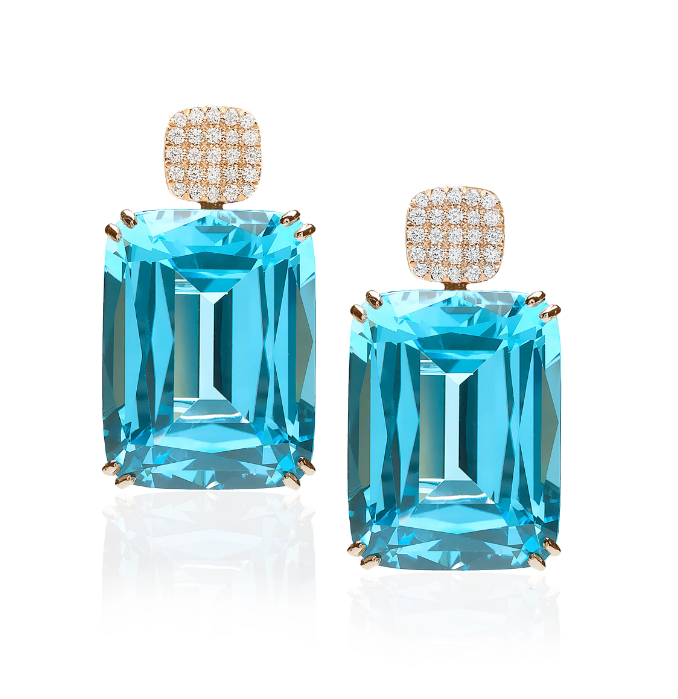 Elegant 18K yellow gold blue topaz earrings with diamond embellishments 