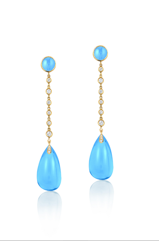 1.5-inch long 18K yellow gold blue topaz drop earrings with diamond embellishments