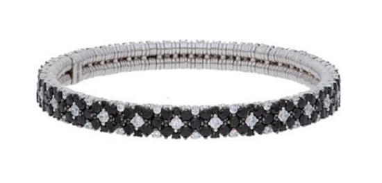 18K white gold stretch bracelet featuring 2-row black and white diamonds with a VS2 clarity