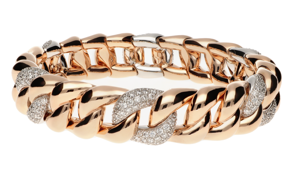 18K rose gold groumette bracelet featuring 6 links adorned with white diamonds in a pavé setting