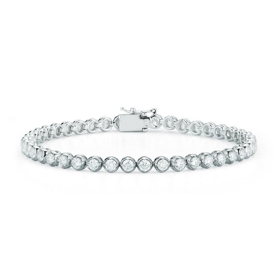 Close up view of the bezel set diamond tennis bracelet with 8.25cts of round diamonds set in 14k white gold.