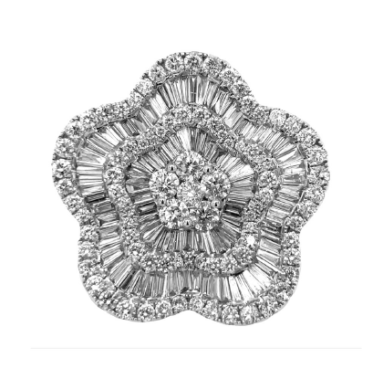 Round and Baguette Diamond Flower Ring