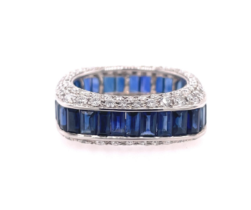 Close-up view of a 5.66CT Blue Sapphire Baguette Ring with 2.21CT Round Diamonds, beautifully set in 18K White Gold