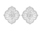 Close up view of the Diamond Flower Earrings, featuring oval and round white diamonds set in 18k white gold. 