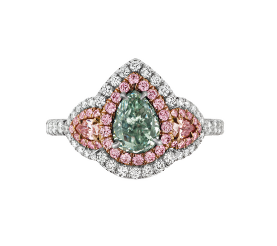 Argyle Pink Diamond and Bluish Green Pear Shape Three Stone Ring