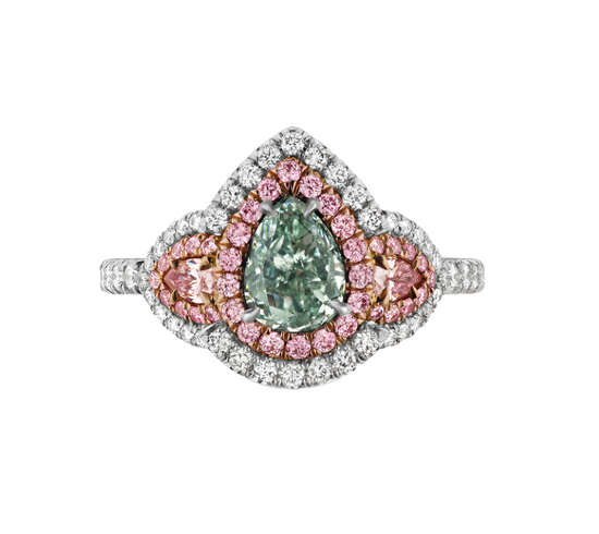 J Fine Argyle Pink Diamond and Bluish Green Pear Shape Three Stone Ring