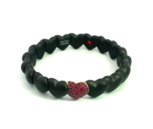 Roberto Demeglio Matte Black Ceramic Heart Bracelet with 1 Ruby Heart