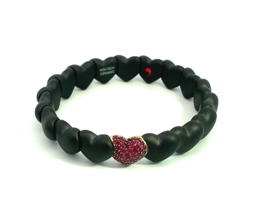 Matte Black Ceramic Heart Bracelet with 1 Ruby Heart