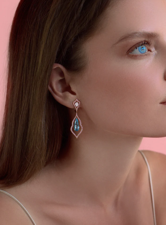Aquamarine and Diamond Earrings on a model.