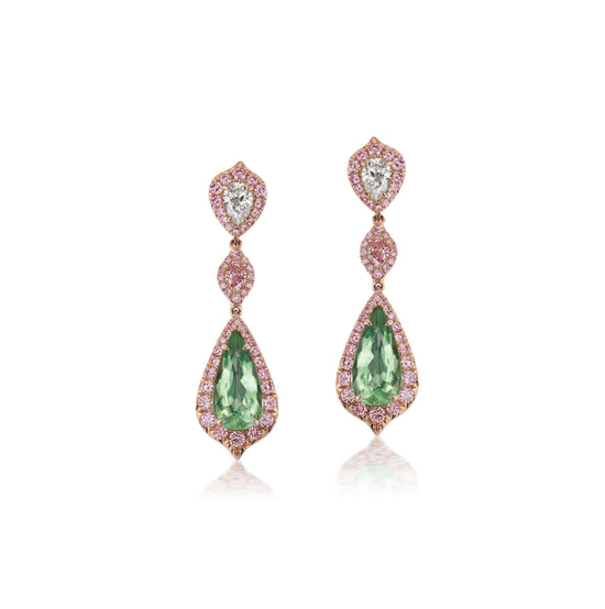 Rare green tourmaline dangle earrings in 18K solid gold adorned with pink and white diamonds
