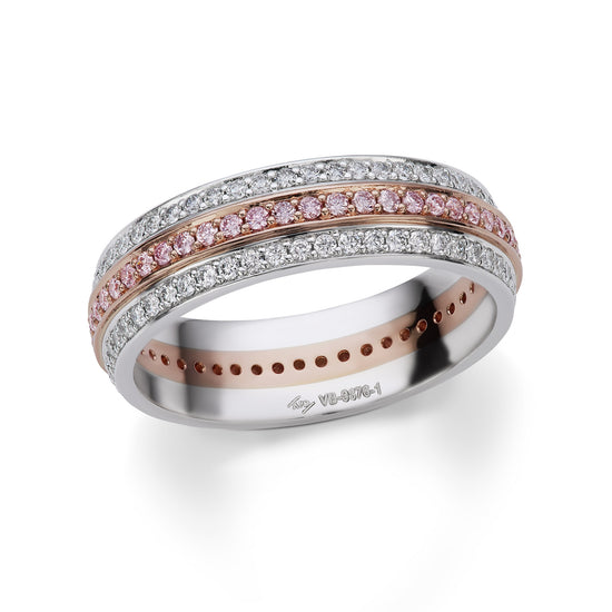 Platinum and 18K pink gold eternity band featuring two rows of white diamonds and a center row of argyle pink diamonds