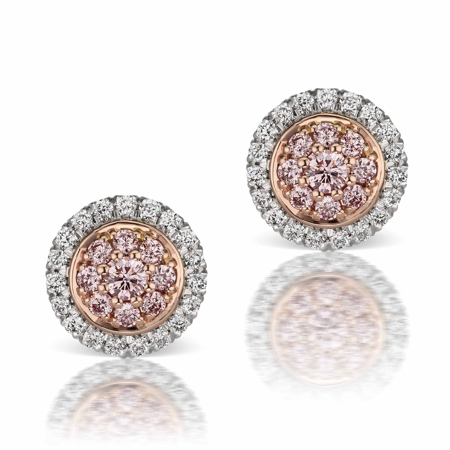 18K pink gold halo earrings featuring 0.26 ct argyle pink diamonds in the center and 0.23 white diamonds in the outer circler