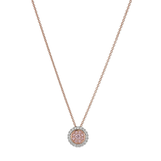 18-inch double halo necklace with a pendant adorned with argyle pink and white diamonds set on platinum and 18K pink gold