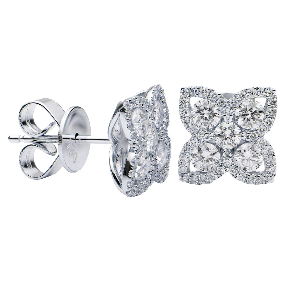 Flower stud earrings featuring clusters of round diamonds on 18K white gold