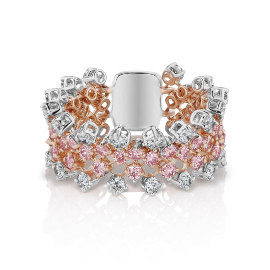 18K rose gold flex ring adorned with 0.82 ct of pink diamonds and 0.93 ct of white diamonds