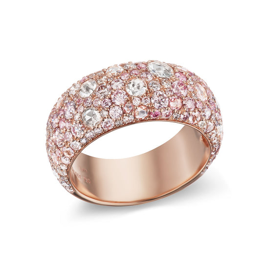Mix of argyle pink, gray, blue, and white brilliant and rose-cut diamonds on an 18K pink gold dome ring