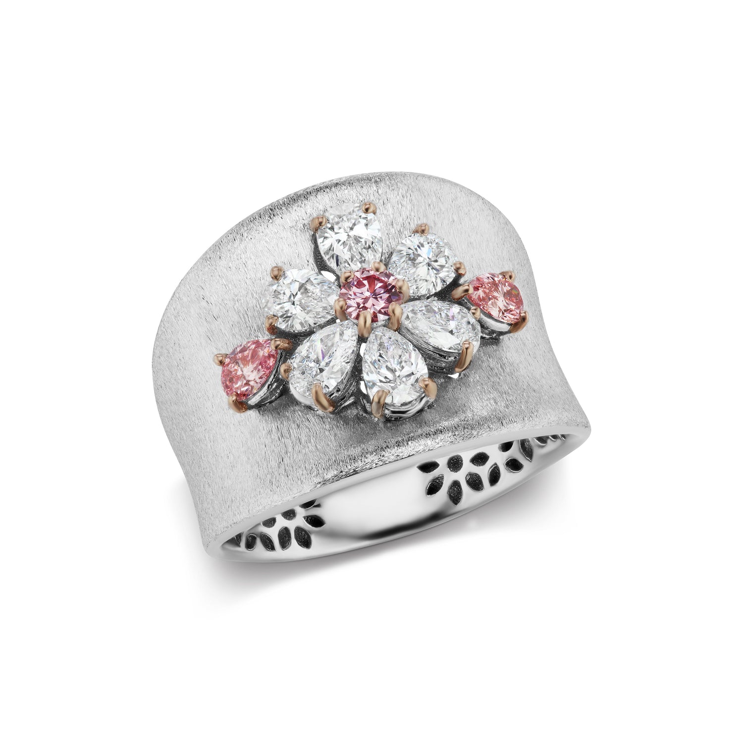 18K pink and white gold band with argyle pink and white diamonds forming a flower on the center of the ring 