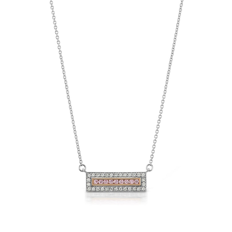 18-inch platinum chain with a bar pendant adorned with argyle pink and white diamonds and 18K rose gold accent
