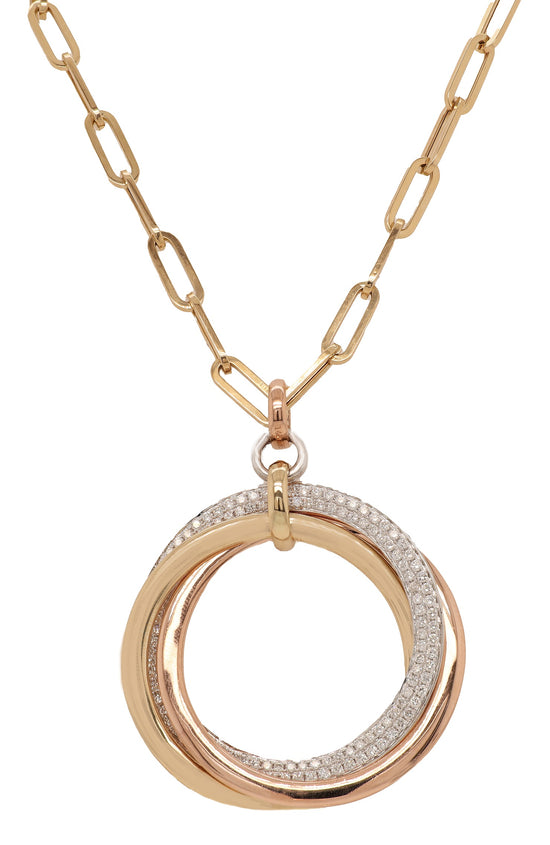 Necklace with a three-ring intertwined pendant in 14K yellow, pink, and white gold with diamonds adorning the white gold ring