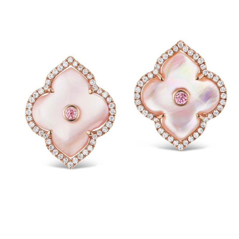 Krypel Les Fleurs earrings adorned with an argyle pink diamond center and white diamond outline 