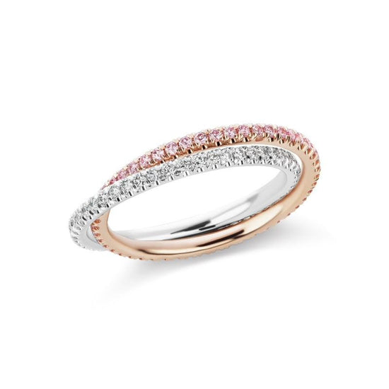 Intertwined platinum and 18K rose gold band ring adorned with 0.34 ct of white diamonds and 0.34 ct of argyle pink diamonds