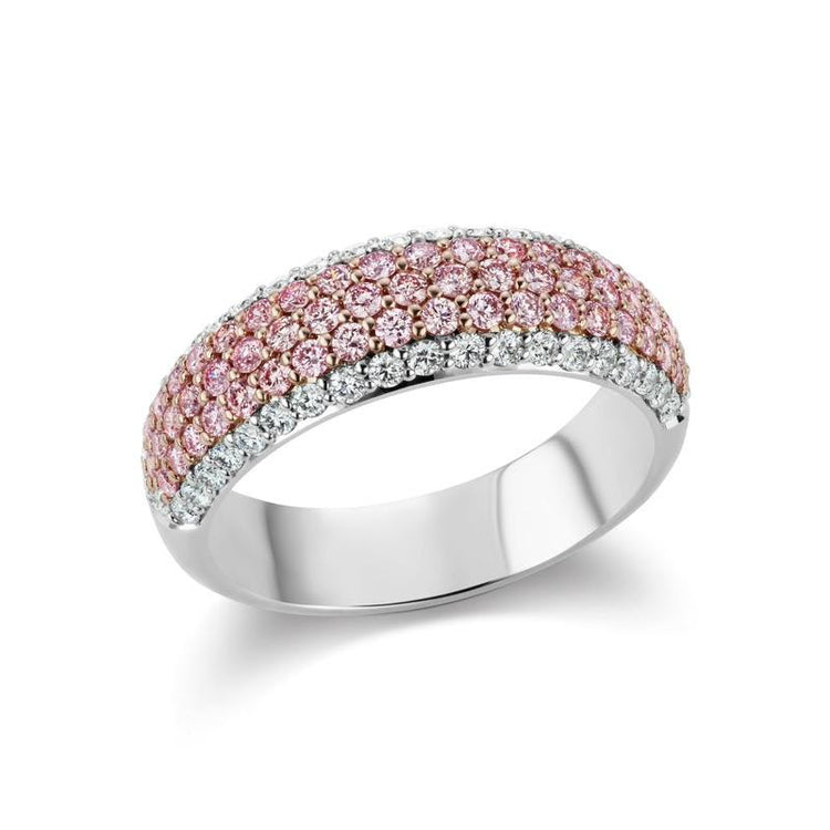18K gold ring with three center rows of pink diamonds and outer rows of white diamonds for a total of five rows of diamonds