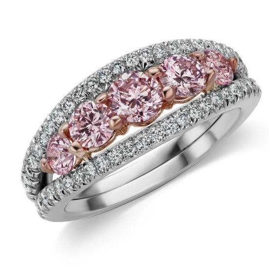 Traditional ring with five argyle pink diamonds and 0.43 ct of brilliant round white diamonds 